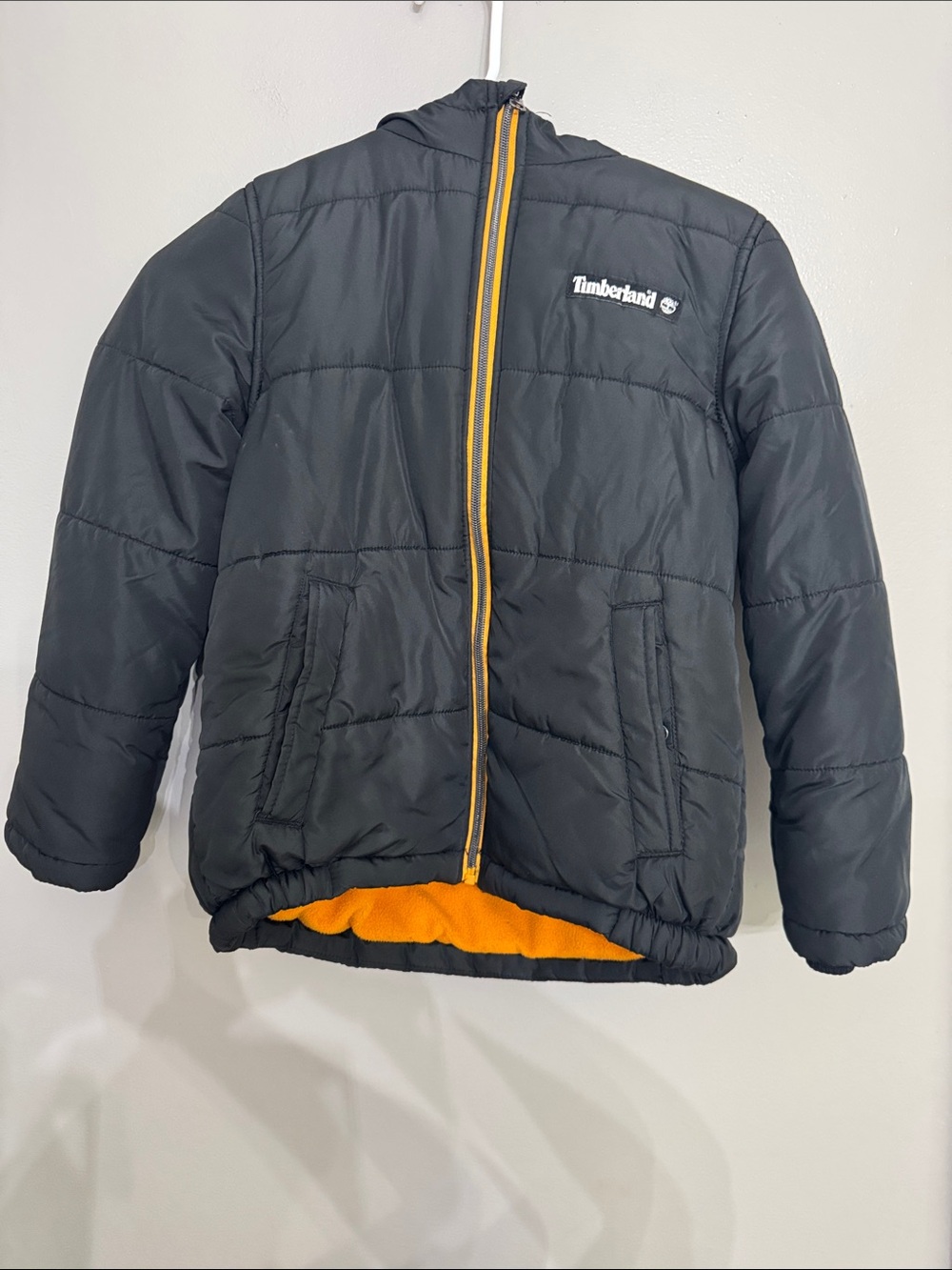 Timberland Black Puffer Jacket with Orange Trim for Kids